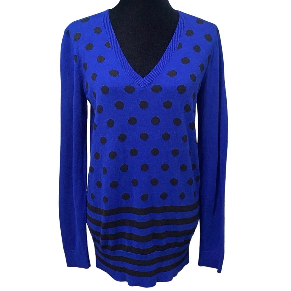 Loft Blue Polka Dot Stripe Wool Blend Sweater Medium V-Neck Retro NWT